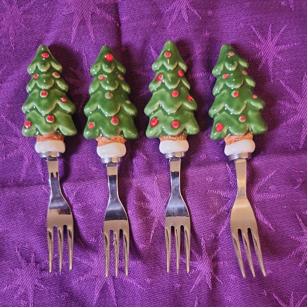 Set Of 4 Stainless Steel Cocktail Appetizer Forks 5",  Christmas Tree handles